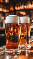 Enjoying beer mugs with foam on a wooden bar table at a lively pub photo