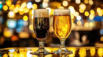 Two glasses of dark and light beer on a bar counter with bokeh lights photo