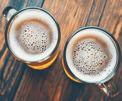 Beer mugs with foam on a wooden table in a cozy bar photo