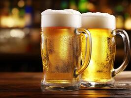 Two beer mugs with foam on a wooden table at a bar during evening photo