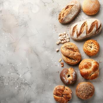 Freshly baked artisan bread assortment on a textured surface photo