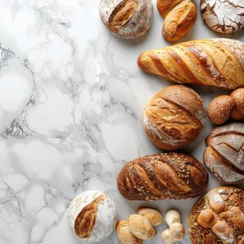 Freshly baked artisan bread on a marble surface with copy space photo