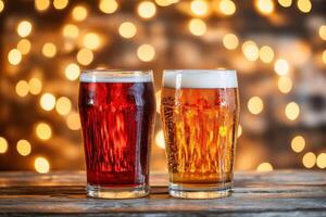 Two glasses of dark and light beer on a bar counter with warm lights photo