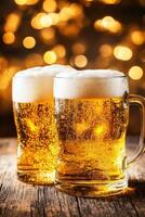 Beer mugs filled with foam on a wooden table in a lively bar photo