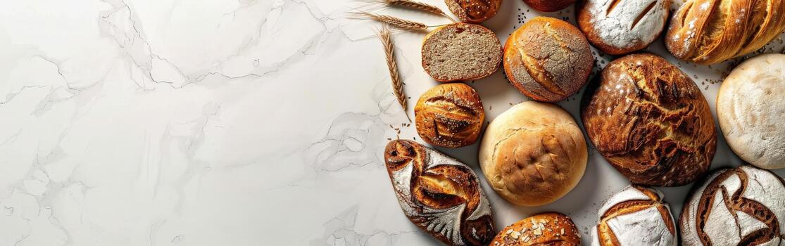 Freshly baked assorted bread on a marble countertop with copy space photo