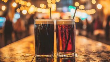 Two glasses of dark and light beer on a bar counter during the evening photo