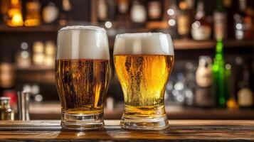Two glasses of dark and light beer on a wooden bar counter photo