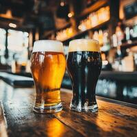 Two glasses of dark and light beer on a wooden bar counter photo
