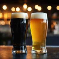 Dark and light beer glasses on bar counter in cozy pub atmosphere photo