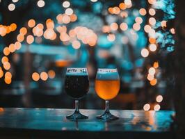 Two glasses of dark and light beer on a bar counter at nighttime photo