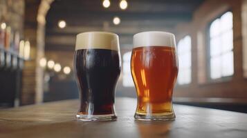 Two glasses of dark and light beer on a bar counter in a cozy pub photo