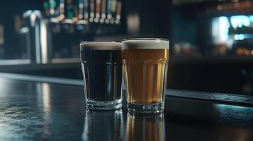 Two glasses of dark and light beer on a bar counter at night photo