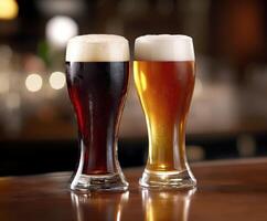Two glasses of dark and light beer on a wooden bar counter photo