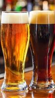 Two glasses of beer on a bar counter during a casual evening photo