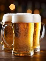 Beer mugs filled with foam on a wooden table in a lively bar photo
