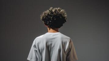 Young man with curly hair stands against a neutral backdrop indoors photo