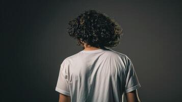 Young man with curly hair standing against a dark background photo