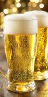 Beer mugs filled with golden brew on a rustic wooden bar table photo
