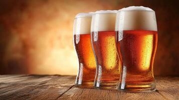 Beer mugs with foam on a wooden table at a lively bar photo