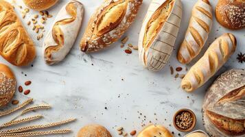 Freshly baked bread assortment with seeds and grains on a table photo