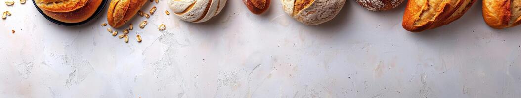 Freshly baked artisan bread on a rustic table with copy space photo