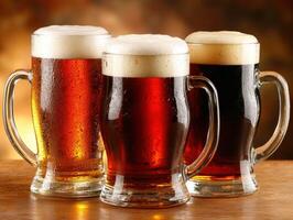 Three beer mugs filled with foam on a wooden bar table photo