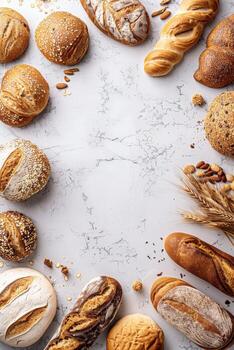 Freshly baked artisan bread arranged on a marble surface with copy space photo