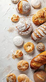 Freshly baked artisan bread assorted on a light textured surface photo