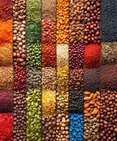 A vibrant array of spices from India displayed in a market stall photo