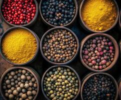 Colorful array of Indian spices displayed in traditional bowls photo