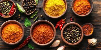 Indian spices in wooden bowls arranged on a rustic wooden table photo