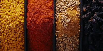 Colorful array of Indian spices in traditional containers photo