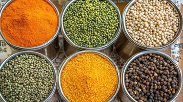 Variety of Indian spices displayed in traditional containers photo