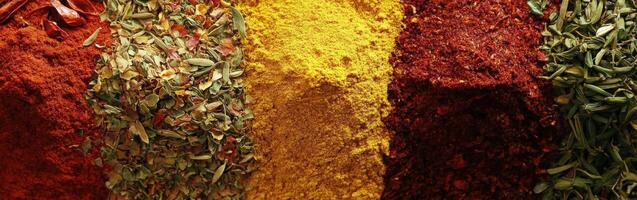 Colorful array of Indian spices in a vibrant market setting photo