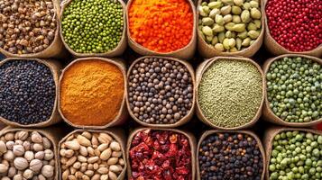 Vibrant array of Indian spices displayed in burlap sacks at market photo