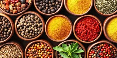 A colorful array of Indian spices in wooden bowls on a dark surface photo