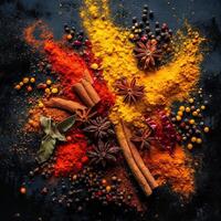 Colorful array of Indian spices spread on a dark surface photo