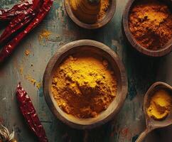 Aromatic Indian spices arranged in wooden bowls on textured surface photo