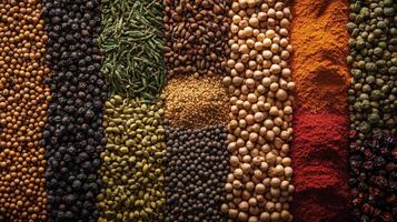 Colorful display of various Indian spices and herbs on a wooden surface photo