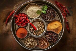 Assorted Indian spices arranged in a traditional spice plate photo