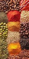 Vibrant display of Indian spices in various textures and colors photo