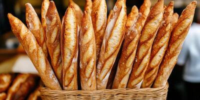 Freshly baked baguettes in a wicker basket at a bakery photo