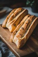 recién horneado un pan panes en un de madera tablero en calentar cocina ajuste foto