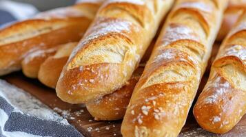 Freshly baked baguettes on a wooden board with flour photo