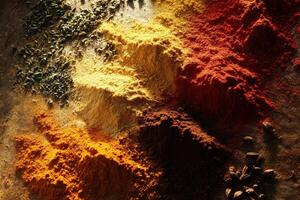 Vibrant Indian spices arranged on a wooden surface in natural light photo