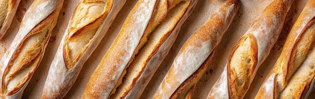 Freshly baked baguettes cooling on a countertop in a bakery kitchen photo