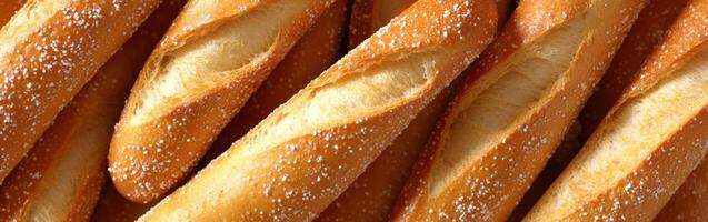 Freshly baked breadsticks dusted with flour on a wooden surface photo