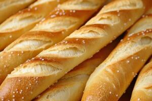 Freshly baked breadsticks displayed on a wooden surface photo