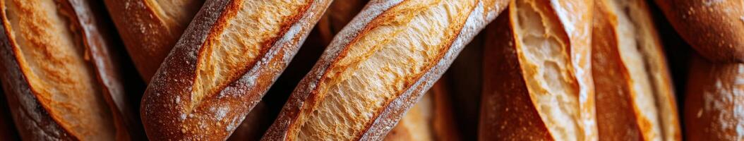 Freshly baked baguettes stacked in a rustic bakery setting photo