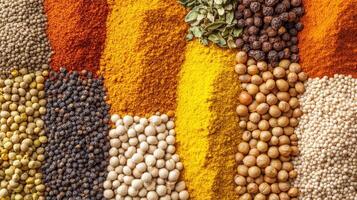 Vibrant assortment of Indian spices displayed on a wooden background photo